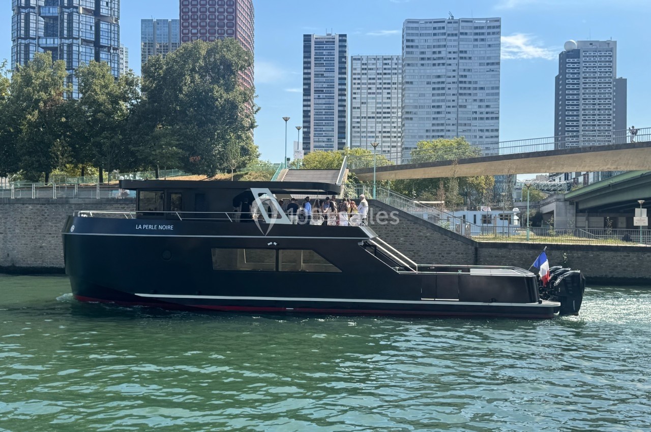 Bateau noir naviguant sur une rivière bordée d'immeubles modernes et d'arbres, avec des passagers à bord.