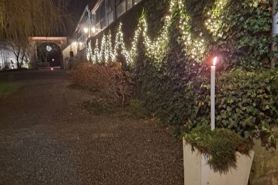 Salle décorée pour un repas festif avec longues tables dressées, guirlandes lumineuses et grand sapin illuminé.