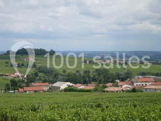 Vue d'un village entouré de vignes et de collines verdoyantes sous un ciel partiellement nuageux.
