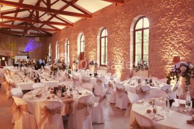 Miniature Location salle Alix (Rhône) - Domaine du Clos des Liesses #3 Chambre avec lit double, parquet clair, échelle en bois menant à une mezzanine, fenêtre avec rideaux et miroir debout.