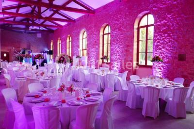 Miniature Location salle Alix (Rhône) - Domaine du Clos des Liesses #19 Chambre avec lit double, parquet clair, échelle en bois menant à une mezzanine, fenêtre avec rideaux et miroir debout.