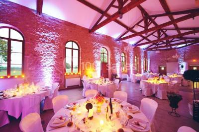 Miniature Location salle Alix (Rhône) - Domaine du Clos des Liesses #23 Chambre avec lit double, parquet clair, échelle en bois menant à une mezzanine, fenêtre avec rideaux et miroir debout.