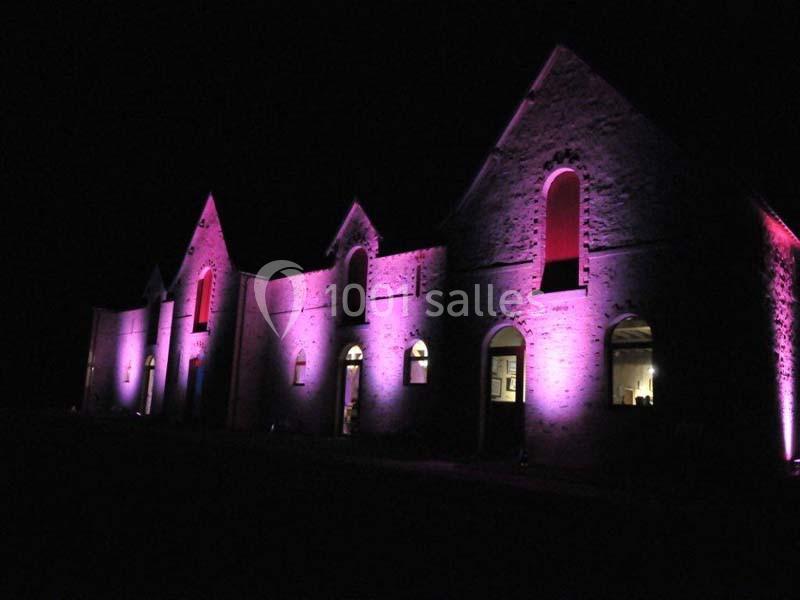 Bâtiment en pierre éclairé par des lumières roses et violettes dans l'obscurité de la nuit.