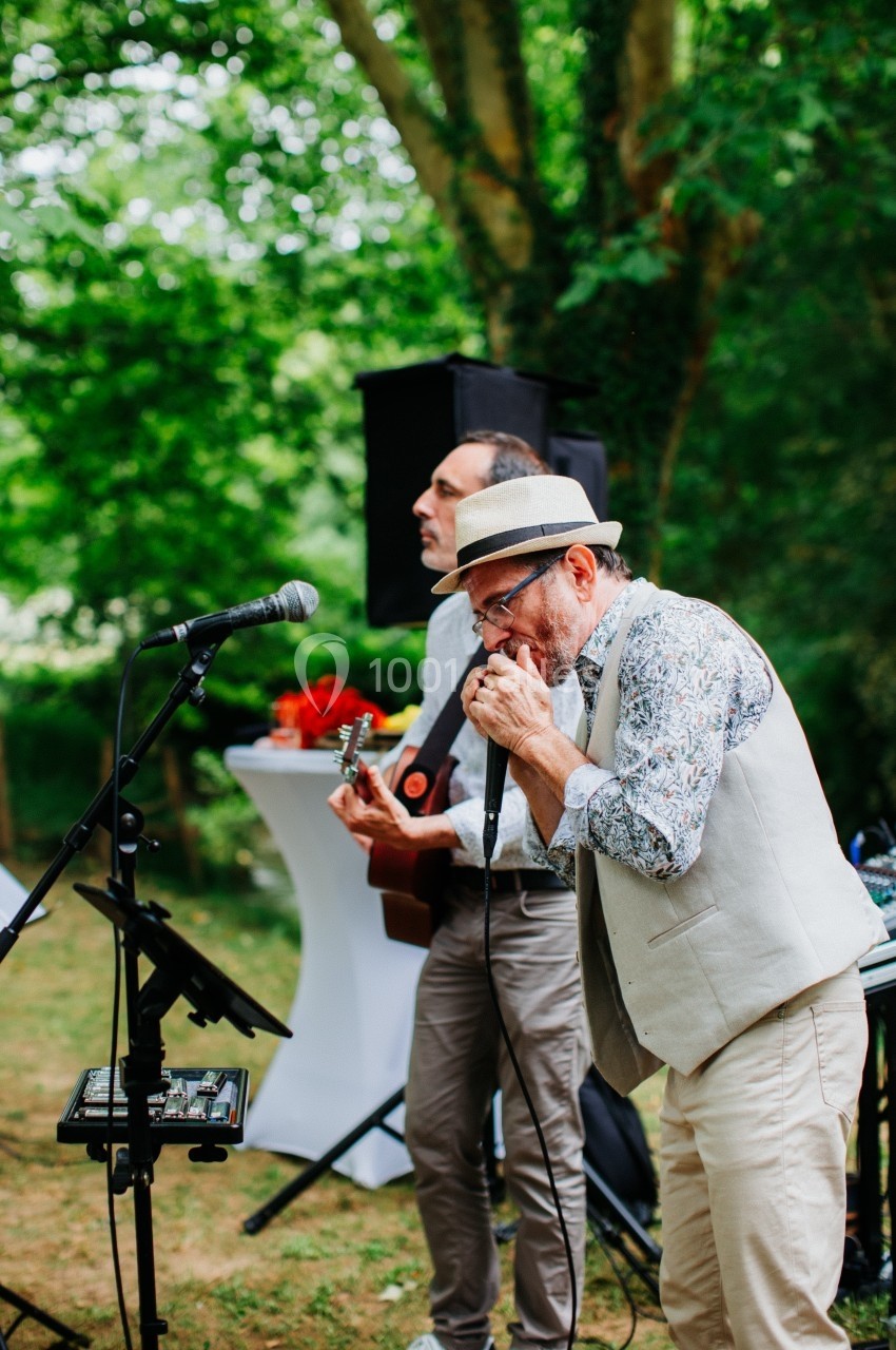 Deux musiciens jouent en plein air, l'un à l'harmonica et l'autre à la guitare, devant un décor verdoyant.