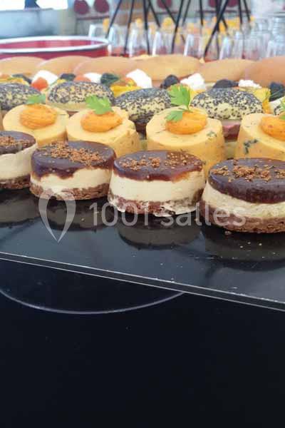 Assortiment de petits desserts individuels sur un plateau, comprenant des gâteaux au chocolat et des entremets fruités.