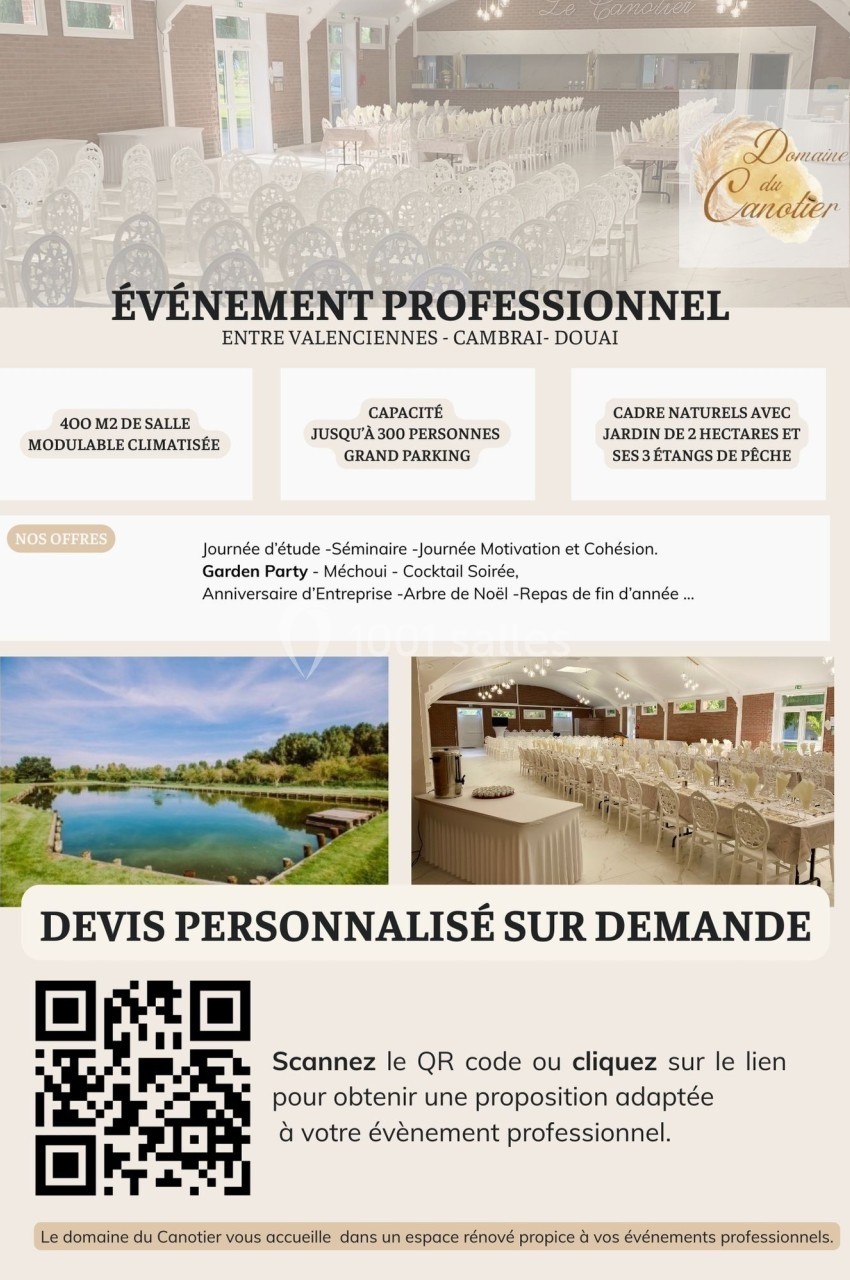 Salle événementielle modulable et climatisée avec grande capacité, parking, et cadre naturel près de Valenciennes.