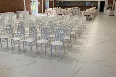 Tente blanche installée sur une pelouse verdoyante près d'un grand saule pleureur, sous un ciel bleu clair.