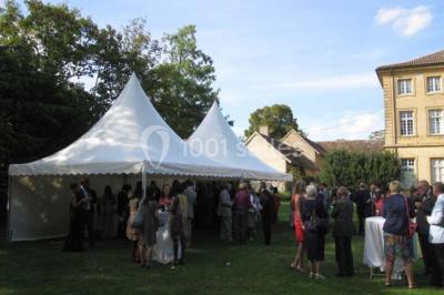 Chambre ancienne avec lit à baldaquin, fauteuil rouge, cheminée noire et murs tapissés de motifs verts.