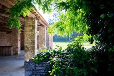 Bâtiment en pierre éclairé la nuit, avec un ciel bleu foncé en arrière-plan et un jardin sombre au premier plan.