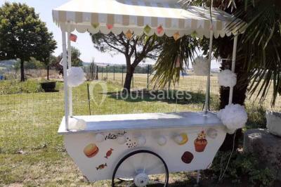 Tables décorées de nappes blanches, ornées de bougies entourées de fleurs, dans un cadre extérieur fleuri.