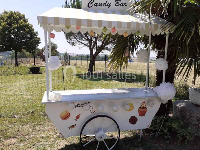 Chariot blanc décoré de motifs sucrés, installé en extérieur sous un palmier, avec un auvent rayé.