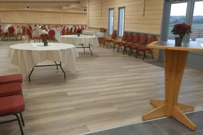Paysage rural avec une ferme traditionnelle entourée de champs verdoyants et d'arbres sous un ciel nuageux.