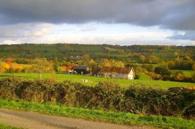 Paysage rural avec une ferme traditionnelle entourée de champs verdoyants et d'arbres sous un ciel nuageux.