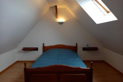 Paysage rural avec une ferme traditionnelle entourée de champs verdoyants et d'arbres sous un ciel nuageux.