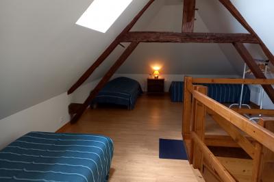 Paysage rural avec une ferme traditionnelle entourée de champs verdoyants et d'arbres sous un ciel nuageux.