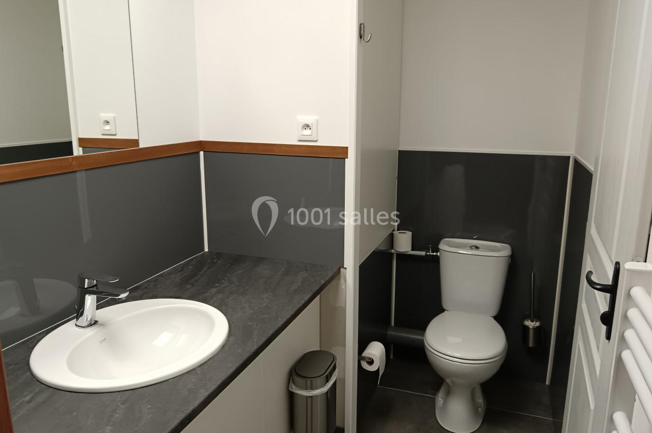 Salle de bain avec lavabo, miroir, toilettes, poubelle et murs partiellement recouverts de panneaux gris.