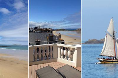 Montage de trois images : plage de sable, vue depuis une terrasse sur la mer, et voilier naviguant sur l'eau.