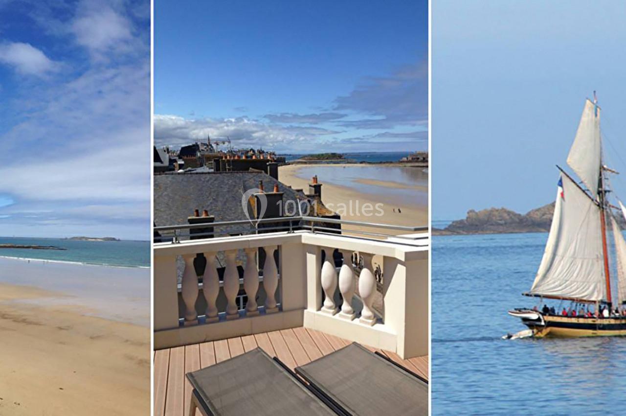 Montage de trois images : plage de sable, vue depuis une terrasse sur la mer, et voilier naviguant sur l'eau.