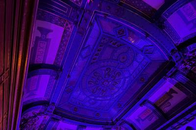 Groupe de personnes discutant dans un espace intérieur éclairé par des lumières vertes, ambiance conviviale.