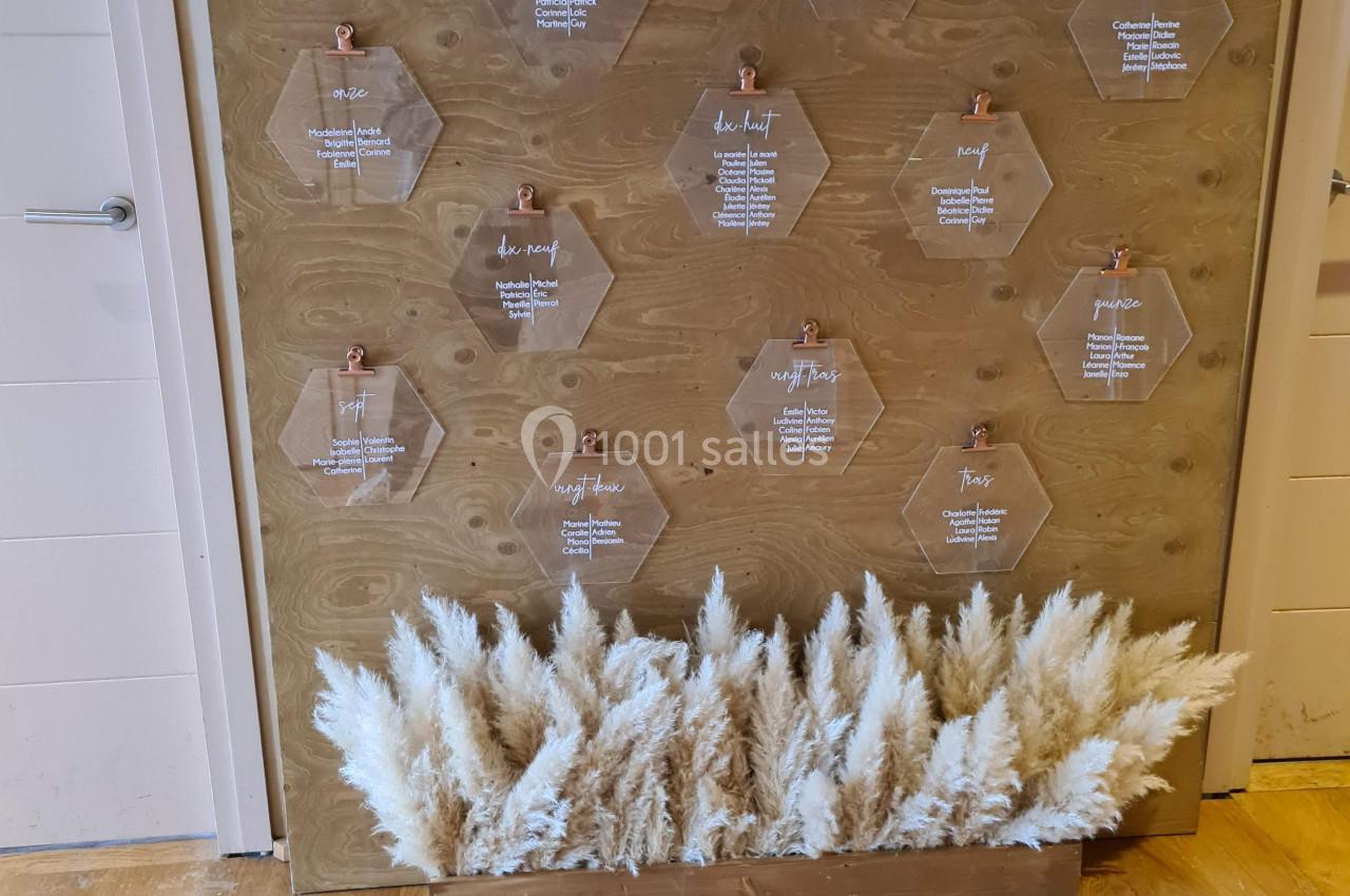 Plan de table sur un panneau en bois avec des hexagones transparents et un arrangement de pampas en bas.