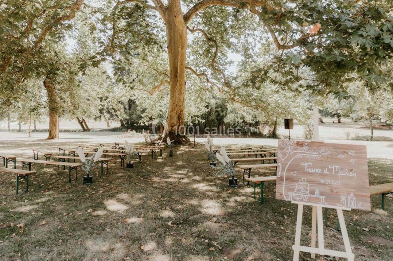 Chaises et bancs disposés en extérieur sous un grand arbre, avec un panneau de mariage en bois au premier plan.
