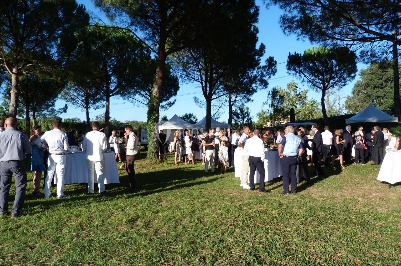 Personnes rassemblées en plein air lors d'un événement, discutant autour de tables sous des arbres par temps ensoleillé.
