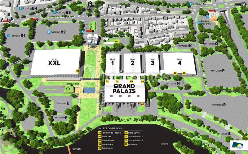 Plan détaillé du site du Grand Palais avec halls, parkings, terrasses, salle de conférences et espaces verts.