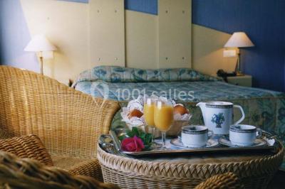 Assiette rectangulaire avec boule de glace au chocolat, boule de glace vanille, gaufre, éclats de noisettes et sucre glace.