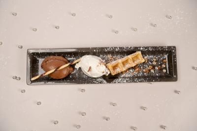 Assiette rectangulaire avec boule de glace au chocolat, boule de glace vanille, gaufre, éclats de noisettes et sucre glace.