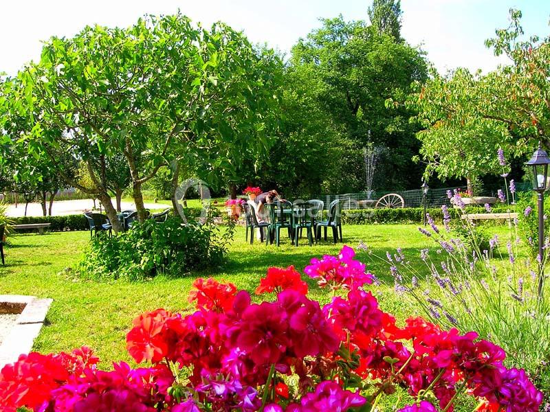 Jardin verdoyant avec des fleurs colorées au premier plan, des arbres et une table entourée de chaises à l'arrière.