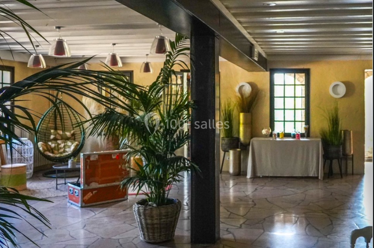 Salle lumineuse avec plantes en pot, mobilier moderne et table dressée près d'une fenêtre.