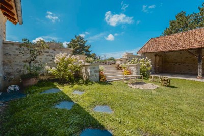 Miniature Location salle Aincourt (Val-d'Oise) - Domaine de Brunel - La Remise #2 Paysage champêtre avec un arbre pleureur, des fleurs bleues au premier plan et un champ sous un ciel partiellement nuageux.