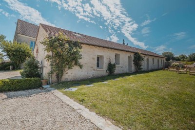 Miniature Location salle Aincourt (Val-d'Oise) - Domaine de Brunel - La Remise #11 Paysage champêtre avec un arbre pleureur, des fleurs bleues au premier plan et un champ sous un ciel partiellement nuageux.