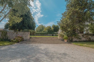 Miniature Location salle Aincourt (Val-d'Oise) - Domaine de Brunel - La Remise #17 Paysage champêtre avec un arbre pleureur, des fleurs bleues au premier plan et un champ sous un ciel partiellement nuageux.