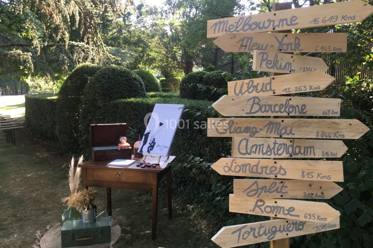 Panneau directionnel en bois indiquant des villes et distances, installé dans un jardin avec une table et des décorations.