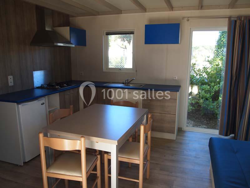 Cuisine d'un mobil-home avec table, chaises, réfrigérateur, évier, plaque de cuisson et vue sur un jardin par une porte…