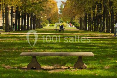 Banc en pierre au premier plan dans une allée bordée d'arbres, avec des promeneurs visibles au loin.