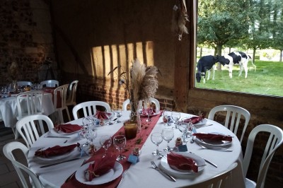 Miniature Location salle Montivilliers (Seine-Maritime) - Ferme d'Epaville #39 Grande table décorée pour un dîner, avec bougies et guirlandes lumineuses, dans une salle en pierres apparentes.