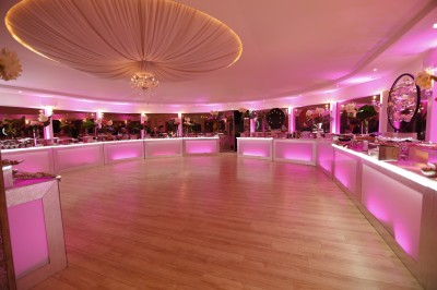 Miniature Location salle Le Coudray-Montceaux (Essonne) - Le Manoir des Cygnes #19 Des personnes discutent et se promènent le long d'une balustrade en fer forgé bordée de végétation, sous des arbres.