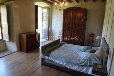 Plan d'une salle rectangulaire avec disposition de tables rondes et indications des dimensions en mètres.