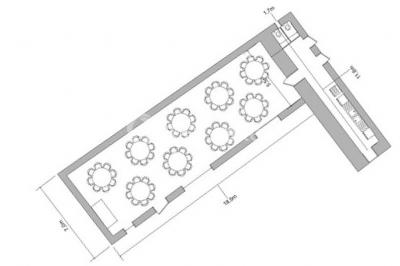 Plan d'une salle rectangulaire avec disposition de tables rondes et indications des dimensions en mètres.