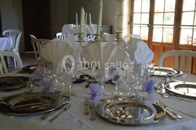 Plan d'une salle rectangulaire avec disposition de tables rondes et indications des dimensions en mètres.