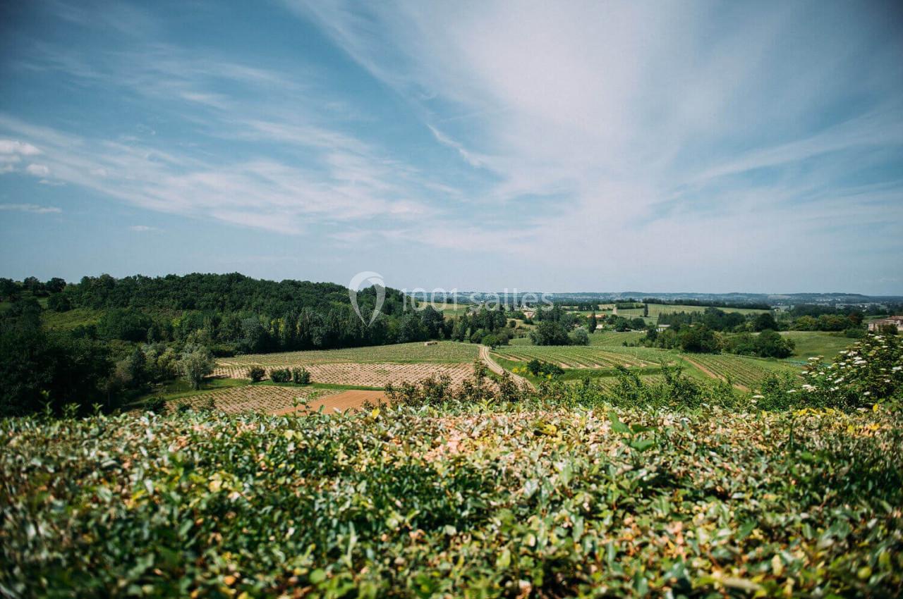 Paysage rural avec des champs, des haies et une forêt sous un ciel bleu partiellement nuageux.
