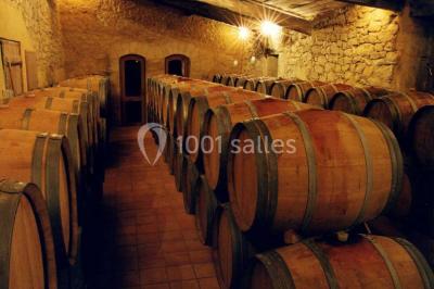 Rangées de fûts en bois alignés dans une cave en pierre éclairée par des lumières chaudes.