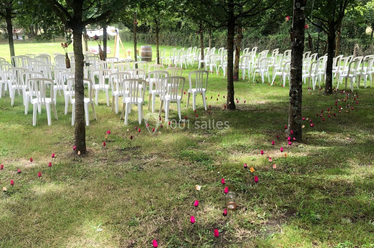 Chaises blanches disposées en rangées sous des arbres, avec des fleurs rouges plantées dans l'herbe.