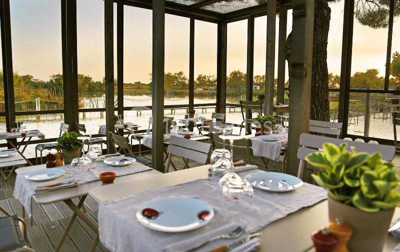 Salle de restaurant lumineuse avec grandes baies vitrées, tables dressées et vue sur un paysage naturel au coucher du soleil.