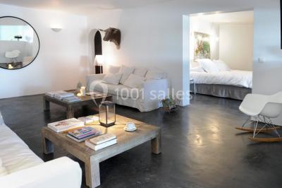 Salon lumineux avec canapé, table basse, tapis à motifs, et chambre en mezzanine avec lit double en arrière-plan.