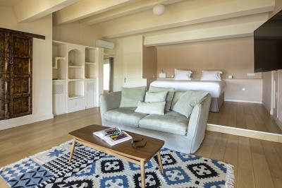 Salon lumineux avec canapé, table basse, tapis à motifs, et chambre en mezzanine avec lit double en arrière-plan.