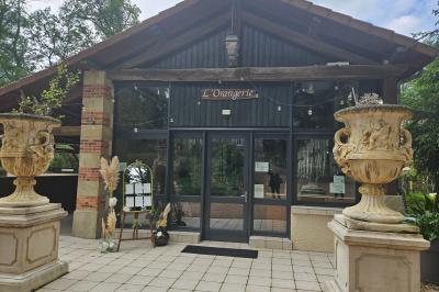 Deux fauteuils en rotin décorés, placés sous une arche ornée de fleurs et de tissus, dans un jardin verdoyant.