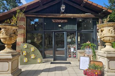 Deux fauteuils en rotin décorés, placés sous une arche ornée de fleurs et de tissus, dans un jardin verdoyant.